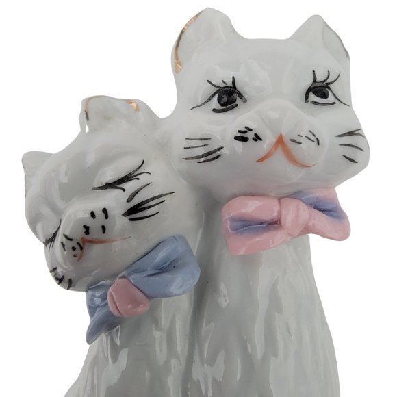 Vintage Porcelain Cat & Kitten Figurine with Pink & Blue Bows (Kitsch, 1960s) - Picture 2 of 8
